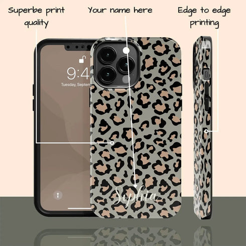 Custom Name Grey & Peach Leopard iPhone Case